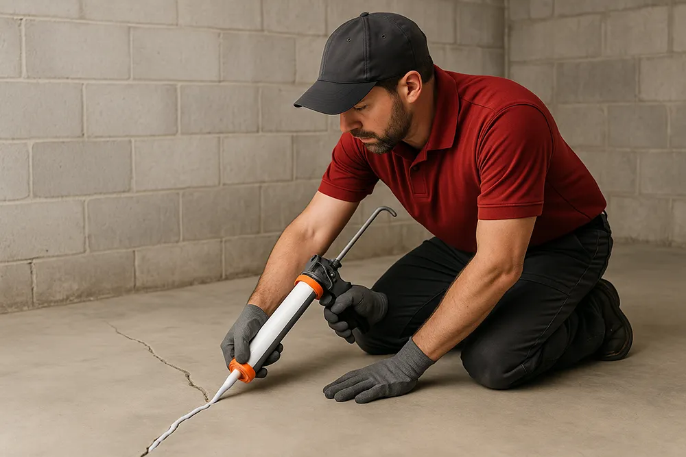 Technician sealing cracks in basement floor